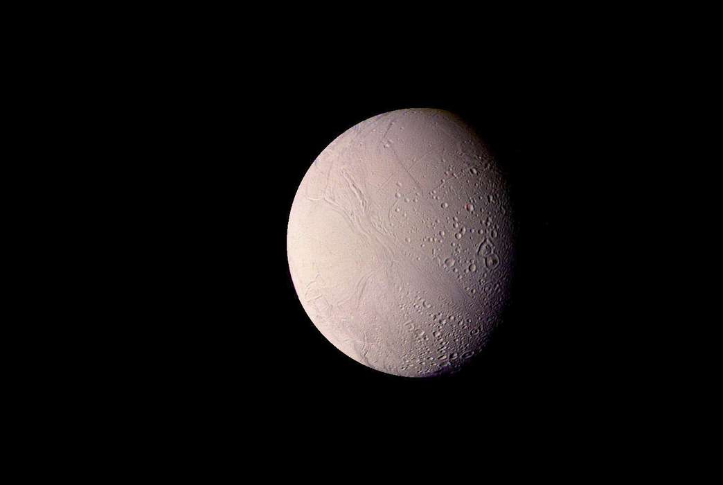 Saturn's moon, Enceladus, from a distance of 119,000 kilometers. (NASA/JPL)