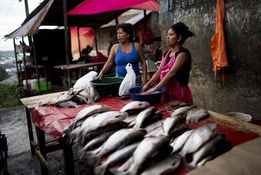 Women sell fish in a Peruvian Amazon community. Declining freshwater fish populations could be devastating for areas such as these that rely heavily on fish for their nutritional needs. (AP Photo/Rodrigo Abd)