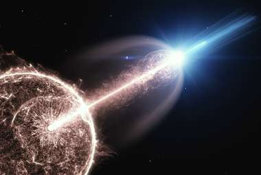 Artist impression of a relativistic jet of a gamma-ray burst, breaking out of a collapsing star and emitting very-high-energy photons. (DESY, Science Communication Lab)